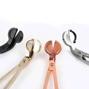 Stainless steel candle wick trimmer set in four colors: black, gold, rose gold, silver.