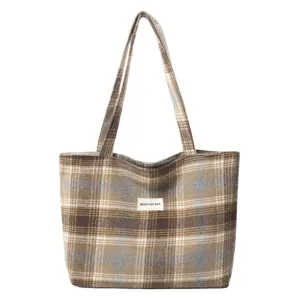 Bolso tote de lana a cuadros marrones vintage con correas largas para el uso diario