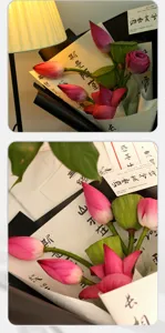 Primer plano del papel de regalo para flores con caligrafía china