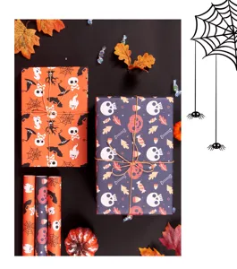 Halloween inpakpapier set met schedel en pompoen patronen op zwarte basis