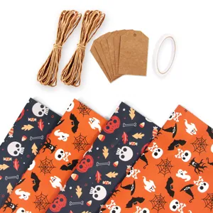 Halloween inpakpapier set met schedel pompoen patronen, touw en kraft labels.