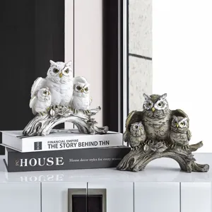 Retro Owl Resin Figurines Home Decor Ornaments Creative Animal Family Statues For Living Room Office Desktop Decoration European Style Owl Handicraft Gift
