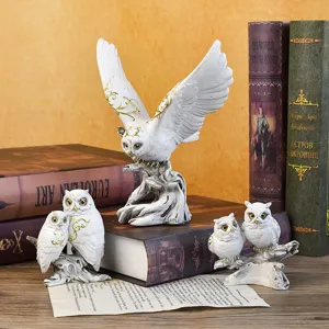 Vintage white resin owl figurines with gold accents for home and office shelf decor