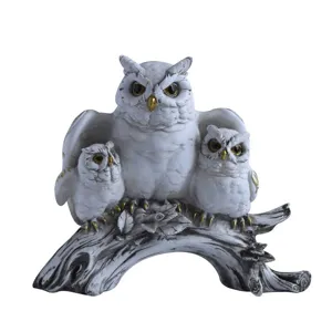 Retro resin owl family figurine on branch home decor sculpture with elegant gold accents