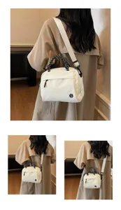Detail views of a white lightweight crossbody bag with braided handles and wide strap.