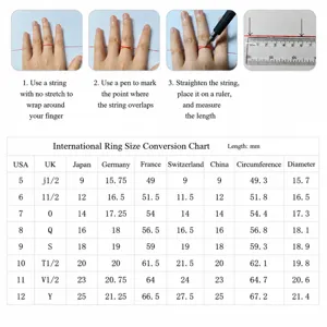 Guía completa de tallas de anillos con pasos de medición y tabla de conversión.