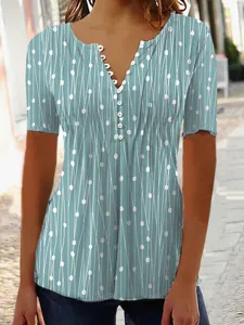 Elegant women's V-neck printed short sleeve blouse with decorative buttons in light blue