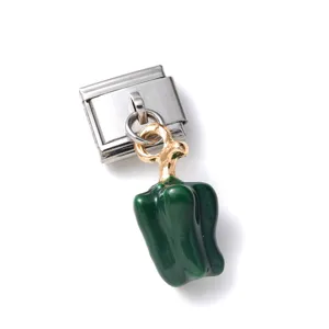Close-up of green bell pepper charm on stainless steel Italian link for DIY jewelry
