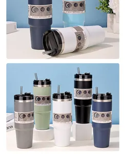 Selection of colorful 30oz insulated stainless steel tumblers with 3-way lids and straws