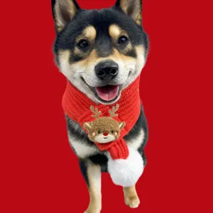 Nahaufnahme des roten gestrickten Weihnachts-Haustierschals mit Rentier und Bommel