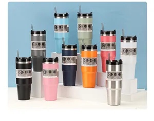 Detailed view of colorful stainless steel insulated tumblers with 3-way lids and straws.