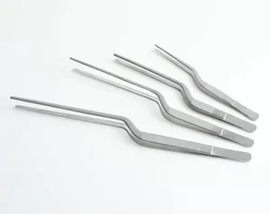 Close-up detail of four professional stainless steel bayonet ear tweezers in various sizes.