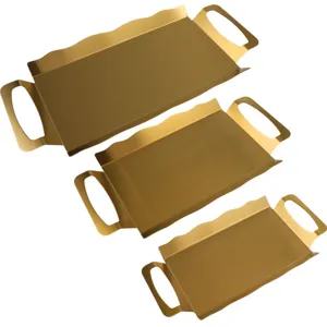 Luxus-Set mit 3 goldenen rechteckigen Serviertabletts aus Edelstahl mit Griffen und Wellenrand