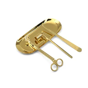 Premium 4-piece gold stainless steel candle accessory set including tray and trimmer