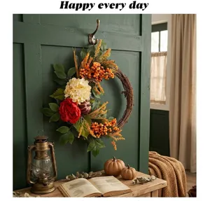 Rustic autumn harvest wreath featuring hydrangea and pumpkin for home wall decor