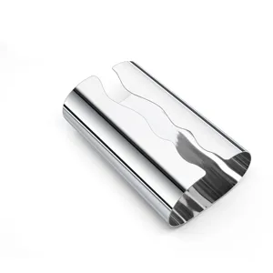 Minimalist mirror-finish stainless steel tissue box holder with a wavy creative opening.