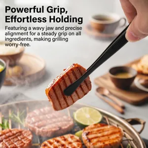 Black stainless steel BBQ tongs holding grilled meat in a professional setting