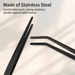 Professional black stainless steel BBQ tongs set with straight and curved designs