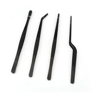 Set of 4 black stainless steel BBQ tongs and plating tweezers for professional food prep