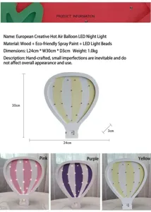 Detail view of wooden hot air balloon LED night light showing dimensions and color options