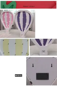 Details of wooden hot air balloon LED night light showing material and battery back panel