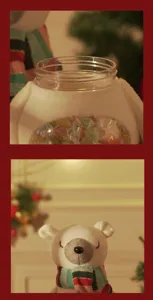 Detailed macro view of festive polar bear plush head and clear plastic Christmas candy jar