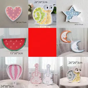 Cartoon wooden LED decorative lights in heart, snail, and moon shapes for nursery.