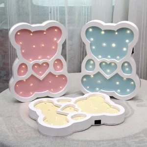 Nordic Style Wooden Bear LED Night Light Cartoon Hollow Heart Decorative Table Wall Lamp for Nursery Bedroom Home Decor
