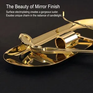 Gold stainless steel candle accessory set with snuffer, wick trimmer and oval tray
