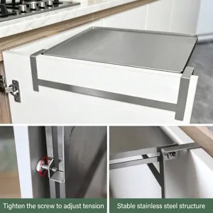 Ripiano da cucina pieghevole in inox da appendere all'anta per spazio extra.