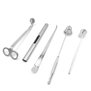 Kit de 5 piezas para cuidado de velas en cromo plateado con tijeras y apagavelas