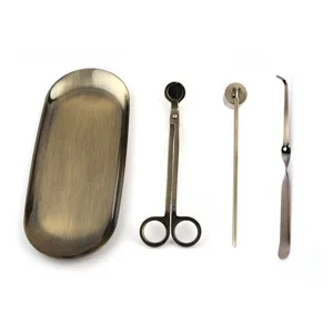Complete 4-piece antique bronze stainless steel candle accessory care set with tray