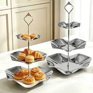 Elegant 3-tier stainless steel dessert stand with wavy edges in gold and silver finishes