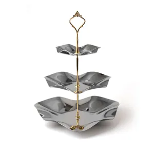 Elegant 3-tier stainless steel dessert stand with wavy silver trays and golden handle