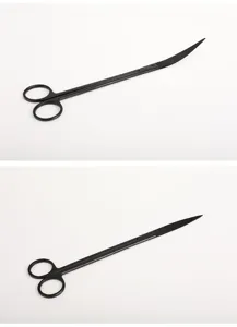 Detail view of professional black stainless steel straight and curved aquatic plant scissors
