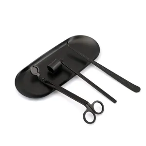 Kit completo de 4 piezas para cuidado de velas negro mate con tijeras, apagavelas y bandeja.