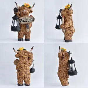 Detailed four-angle views of a highland cow solar garden statue with welcome sign and lantern.