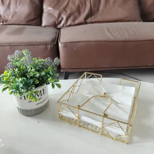 Nordic style gold metal wire napkin holder, elegant tissue storage for dining table and kitchen decor.