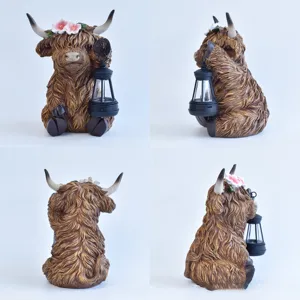 Four-panel view showing the front, back, and sides of a Highland cow statue with lantern