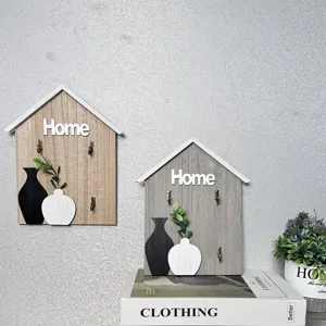 Creative House Shape Wooden Key Rack Wall Mounted Decorative Hooks with Home Letters Vase Pattern Entrance Storage Hook