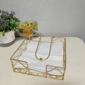 Detail shot of Nordic style gold metal napkin holder displaying clean white tissues on a desk.