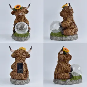 Detailed multi-angle views of a Highland cow solar garden statue with crackle glass ball