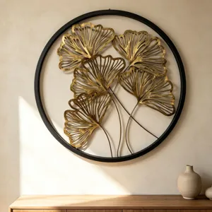 Runde Wanddeko Aus Metall Ginkgoblatt Gold Schwarz Eisen Skulptur Für Wohnzimmer Eingang Leichter Luxus Wandbehang