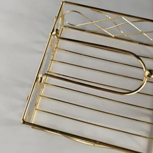 Nordic style gold iron napkin holder, metal desktop tissue storage rack detail view.