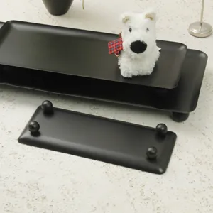 Macro view of minimalist matte black rectangular trays with spherical ball feet on stone surface