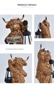 Detailed views of a Highland cow resin statue holding a solar lantern and welcome sign.
