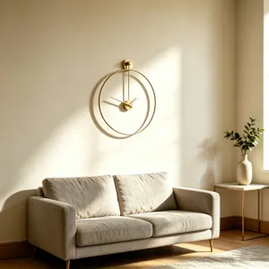 Reloj de pared circular de metal dorado minimalista en una sala de estar cálida y soleada