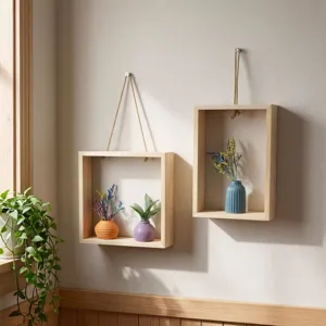 Detail van houten hangende schaduwboxen met kleine kleurrijke vazen en droogbloemen