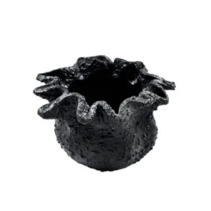 Modern black textured resin candle holder bowl with artistic irregular wavy rim design