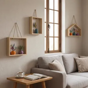 Gezellige wanddecoratie met drie houten frames, kleine vaasjes en kunstplanten.